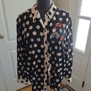 Chicos Black and Cream Polka Dot Blouse with Floral Embroidery